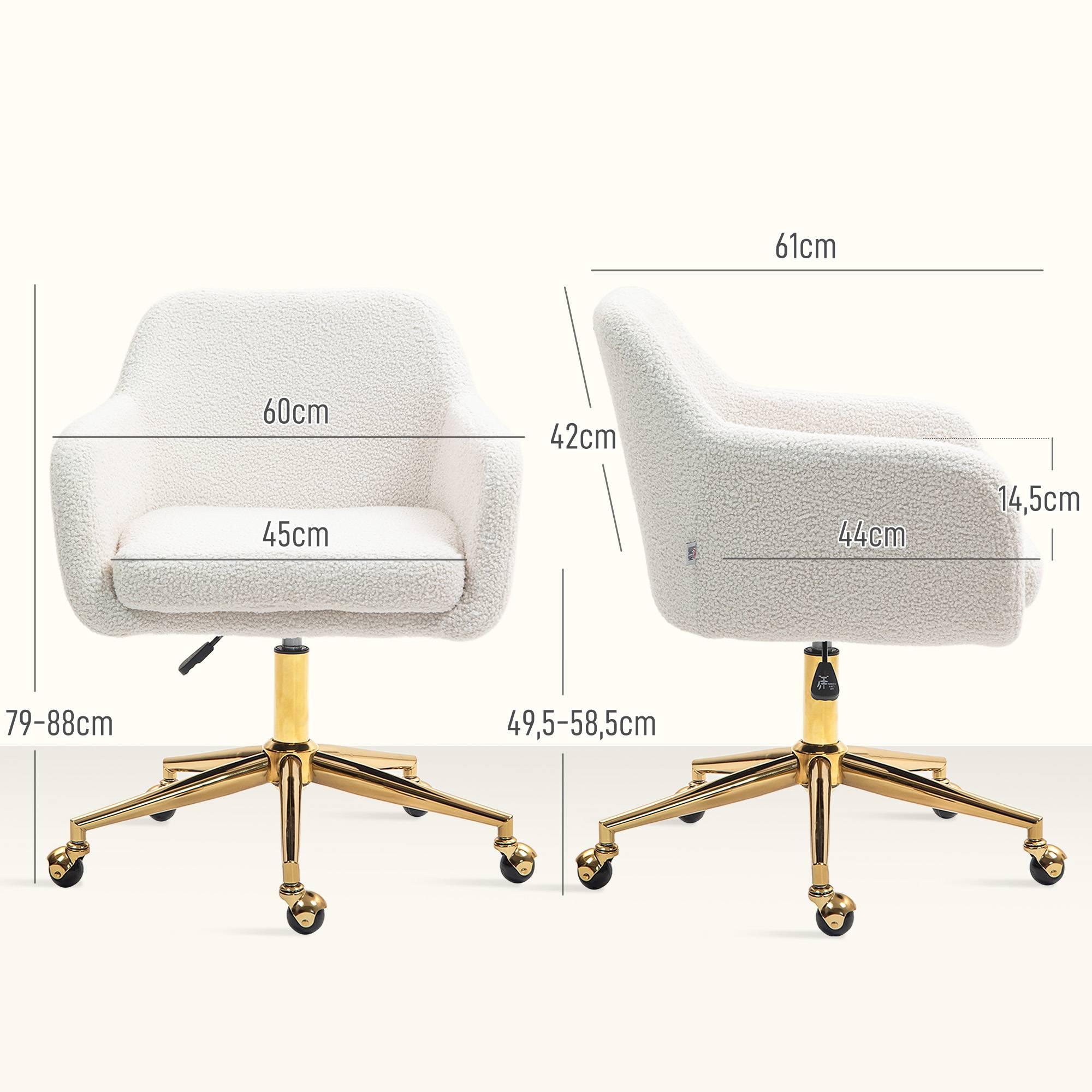 Sans Marque - Chaise de bureau fauteuil de bureau avec roulettes hauteur réglable assise pivotante à 360° 60 x 61 x 79-88 cm crème - Image 5