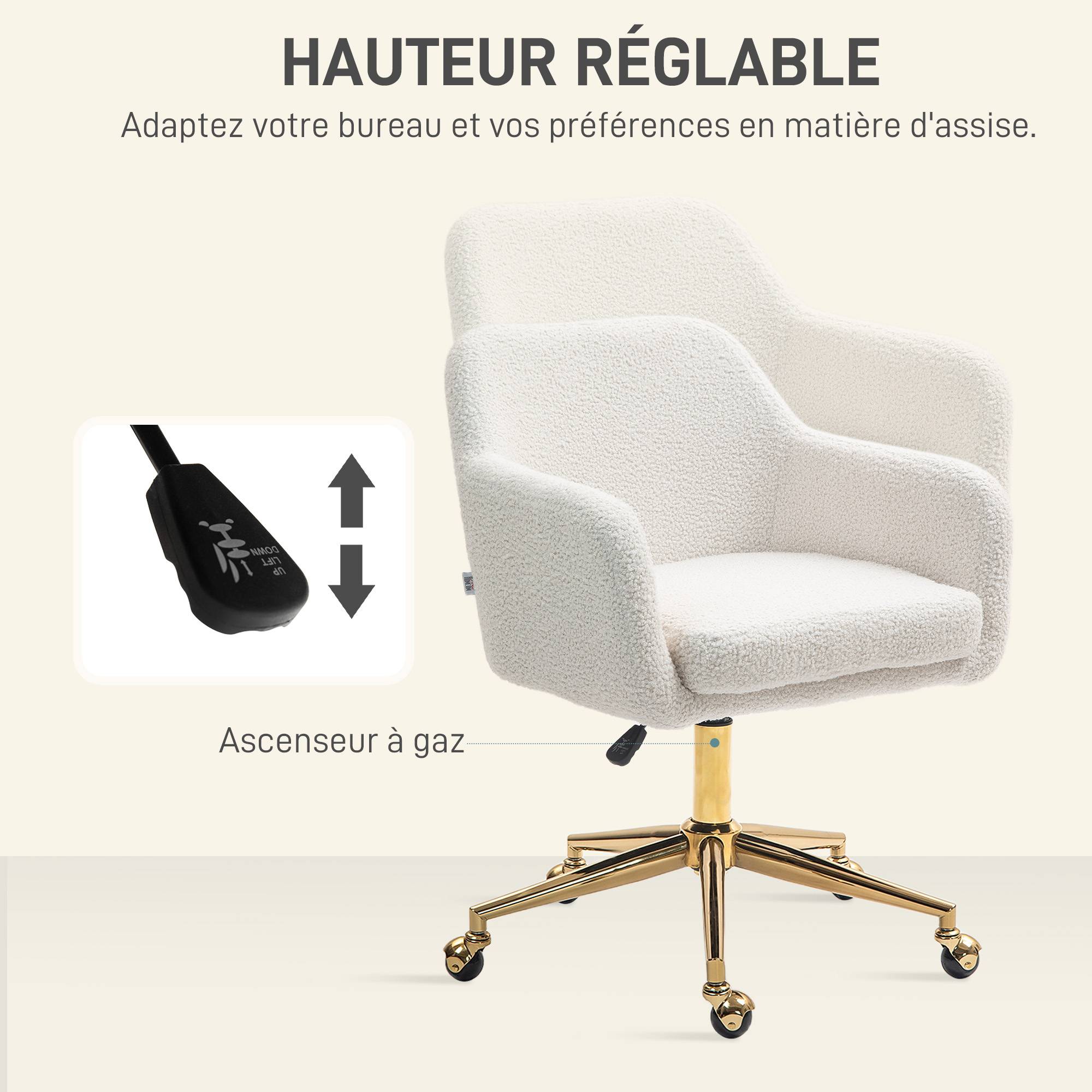 Sans Marque - Chaise de bureau fauteuil de bureau avec roulettes hauteur réglable assise pivotante à 360° 60 x 61 x 79-88 cm crème - Image 7