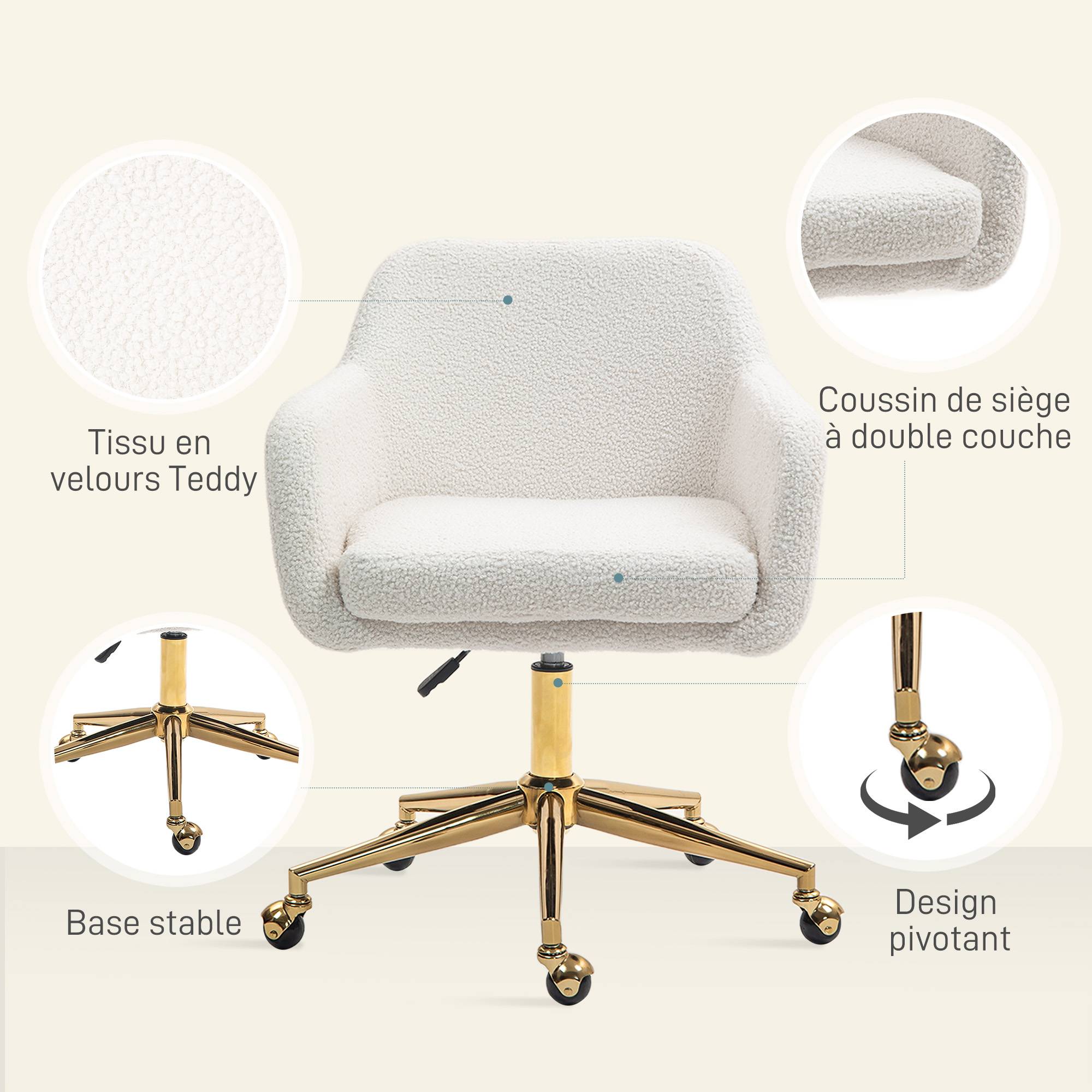Sans Marque - Chaise de bureau fauteuil de bureau avec roulettes hauteur réglable assise pivotante à 360° 60 x 61 x 79-88 cm crème - Image 8