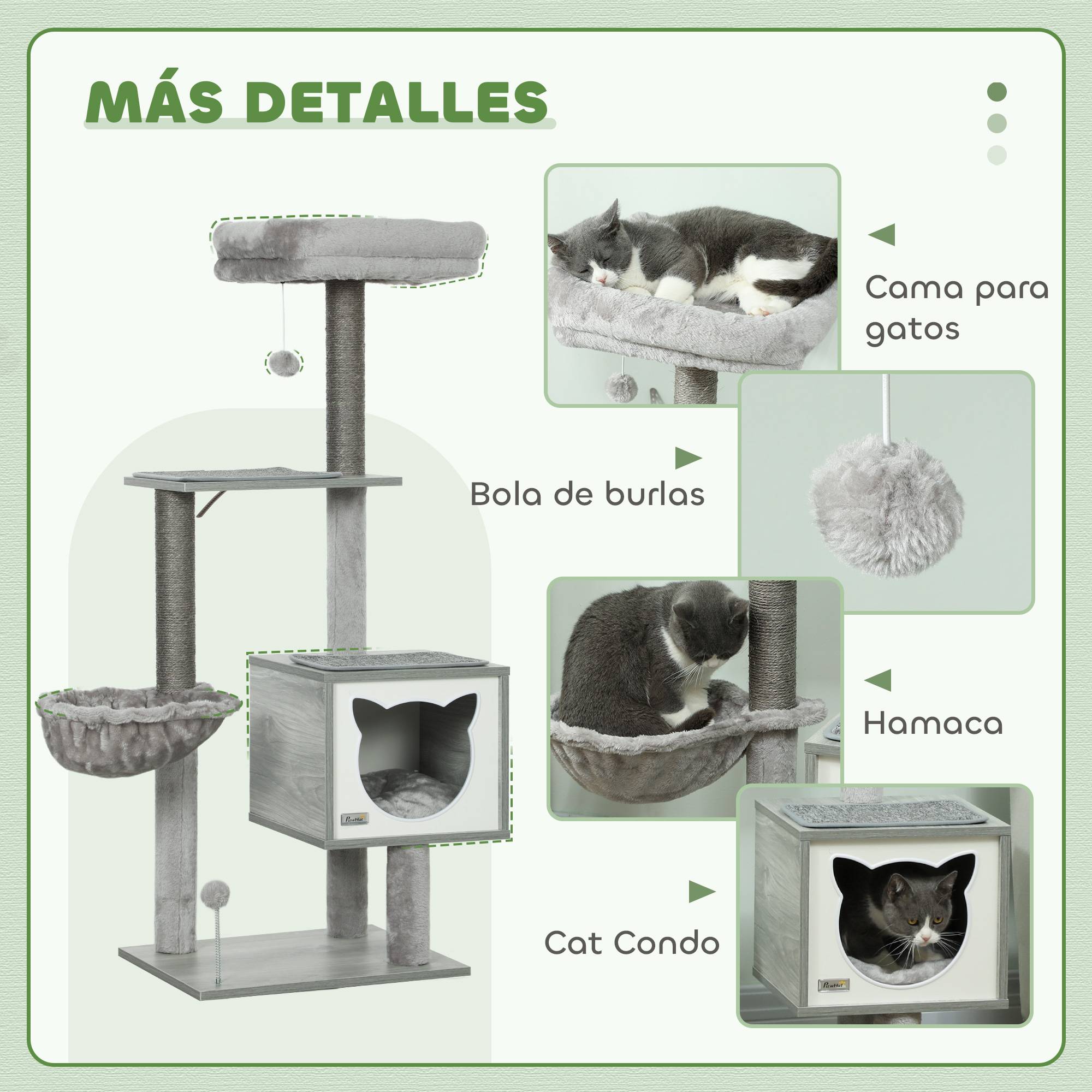 Arbre à chat avec plateforme, tour d'escalade avec hamac, niche, couchage et poteaux, 48 x 40 x 126 cm, gris - Image 7