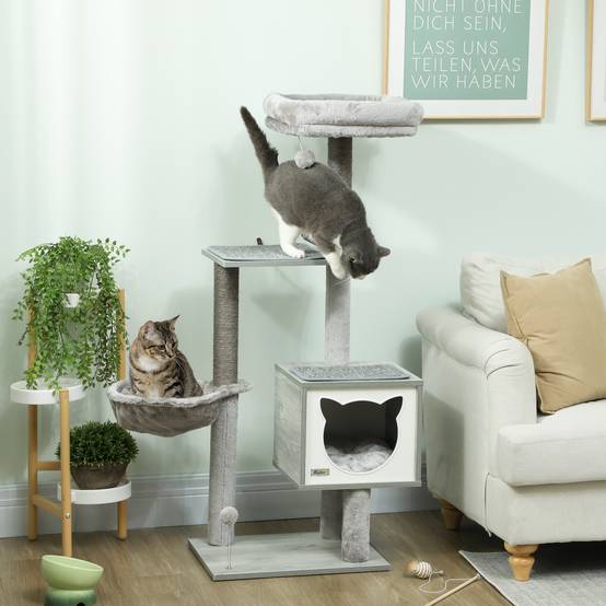 Arbre à chat avec plateforme, tour d'escalade avec hamac, niche, couchage et poteaux, 48 x 40 x 126 cm, gris - Image 3