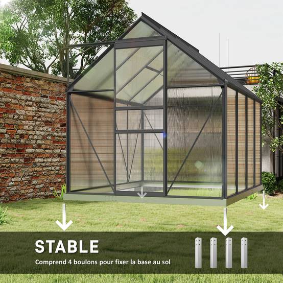 Serre de Jardin Polycarbonate 4,8 m² 1,9 x 2,53 x 1,99 m, Fondation, Lucarne et Porte Coulissante - Image 8