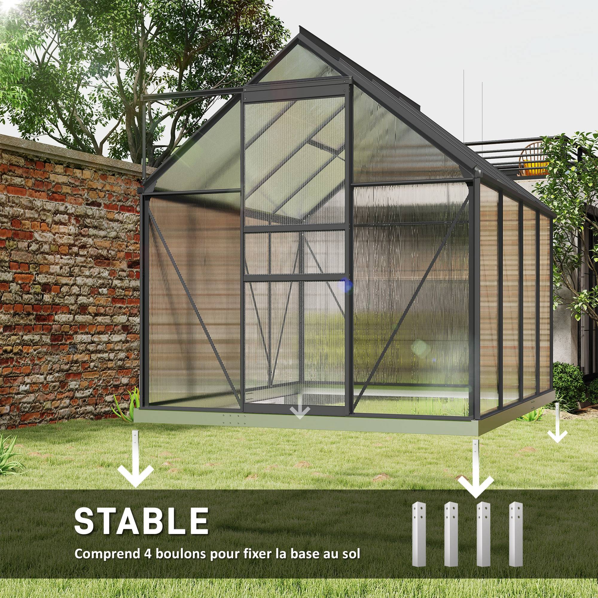 Serre de Jardin Polycarbonate 4,8 m² 1,9 x 2,53 x 1,99 m, Fondation, Lucarne et Porte Coulissante - Image 8