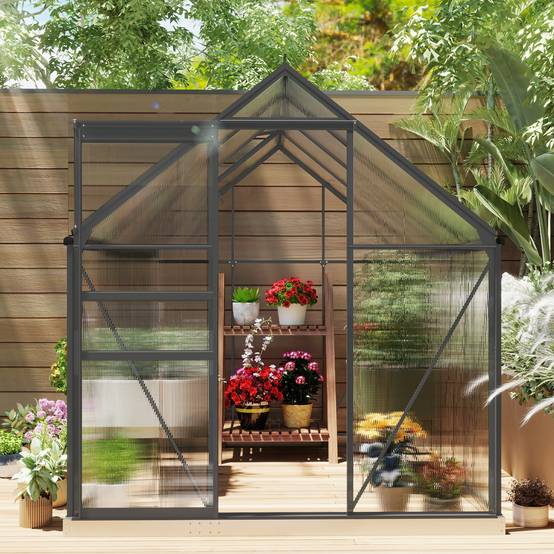 Serre de Jardin Polycarbonate 4,8 m² 1,9 x 2,53 x 1,99 m, Fondation, Lucarne et Porte Coulissante - Image 10