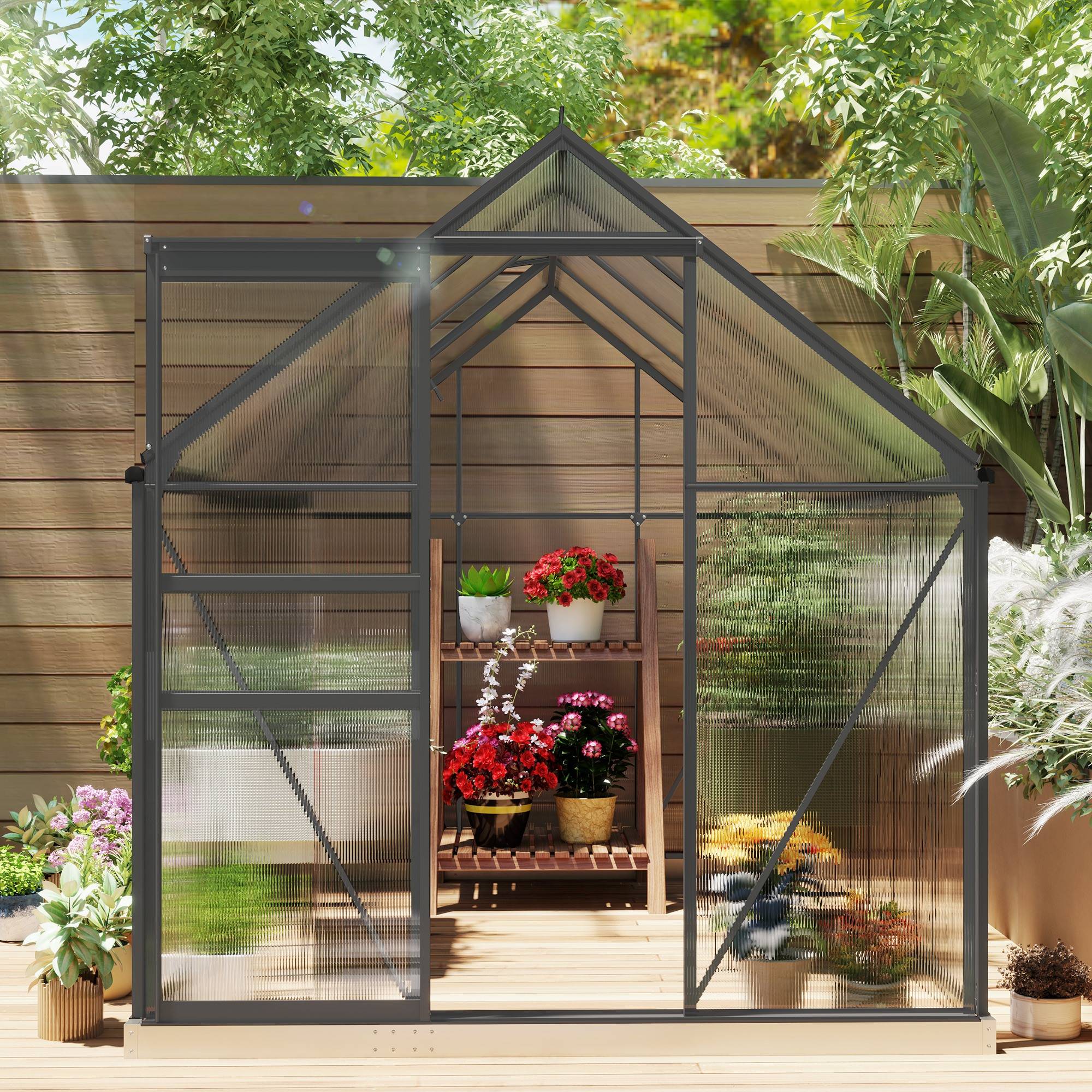 Serre de Jardin Polycarbonate 4,8 m² 1,9 x 2,53 x 1,99 m, Fondation, Lucarne et Porte Coulissante - Image 10