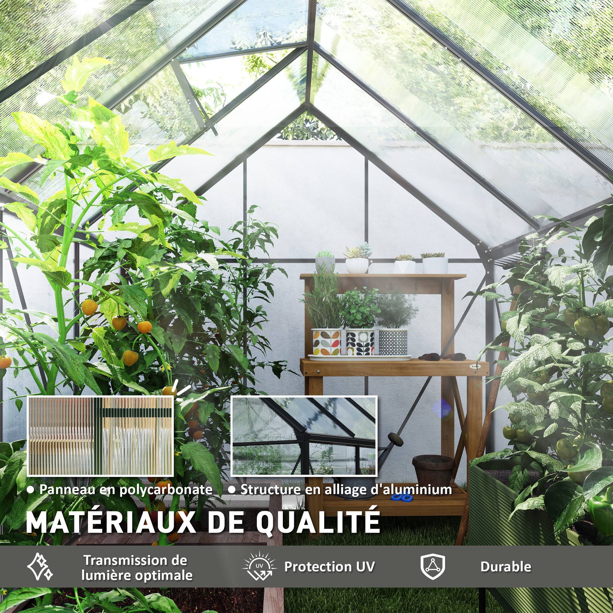 Serre de Jardin Polycarbonate 4,8 m² 1,9 x 2,53 x 1,99 m, Fondation, Lucarne et Porte Coulissante - Image 6