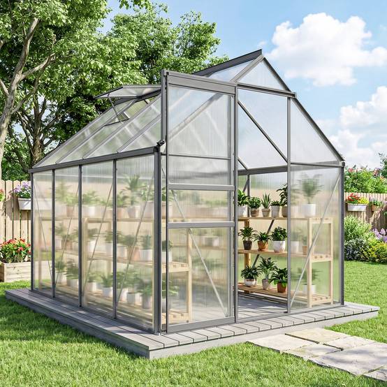 Serre de Jardin Polycarbonate 4,8 m² 1,9 x 2,53 x 1,99 m, Fondation, Lucarne et Porte Coulissante - Image 4