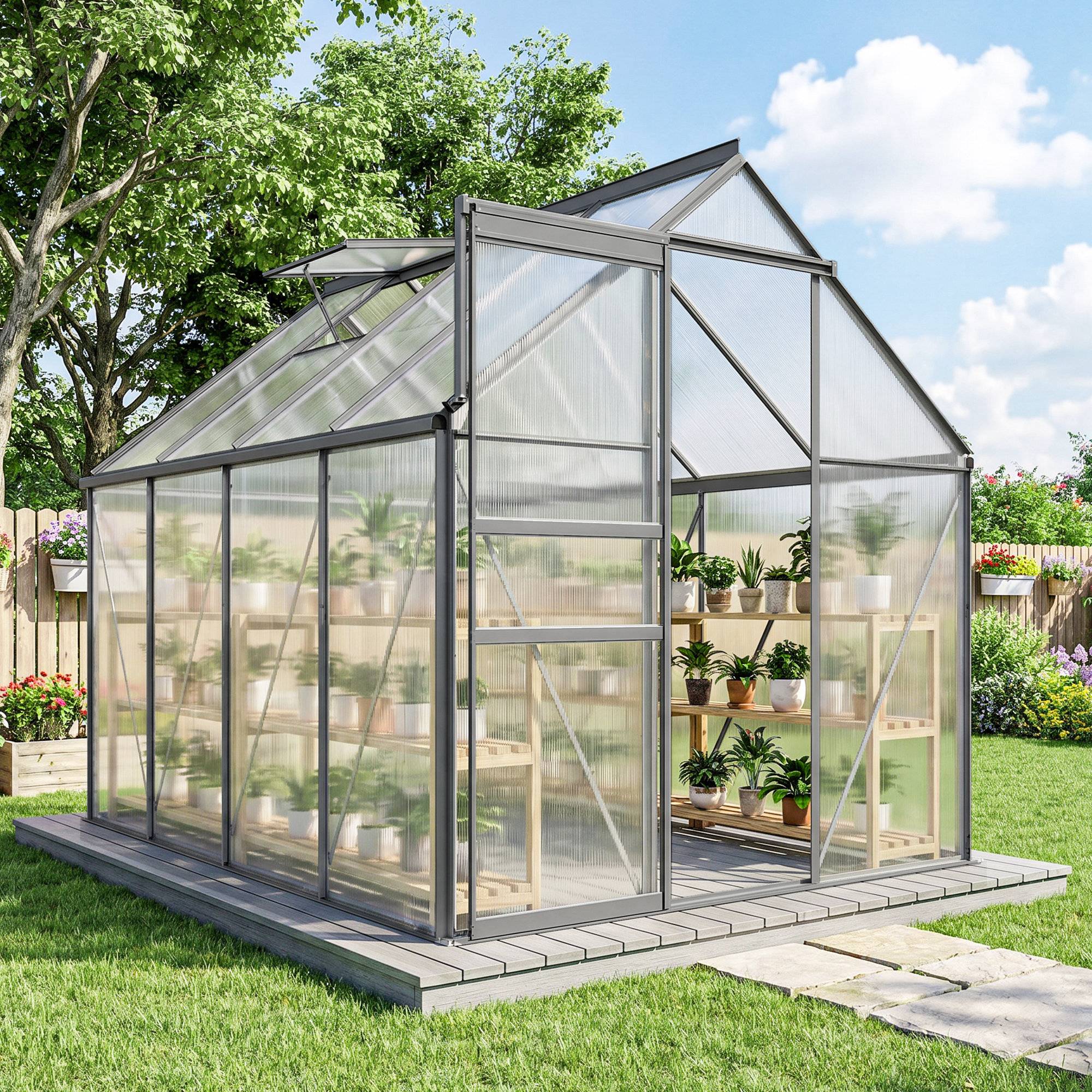 Serre de Jardin Polycarbonate 4,8 m² 1,9 x 2,53 x 1,99 m, Fondation, Lucarne et Porte Coulissante - Image 4