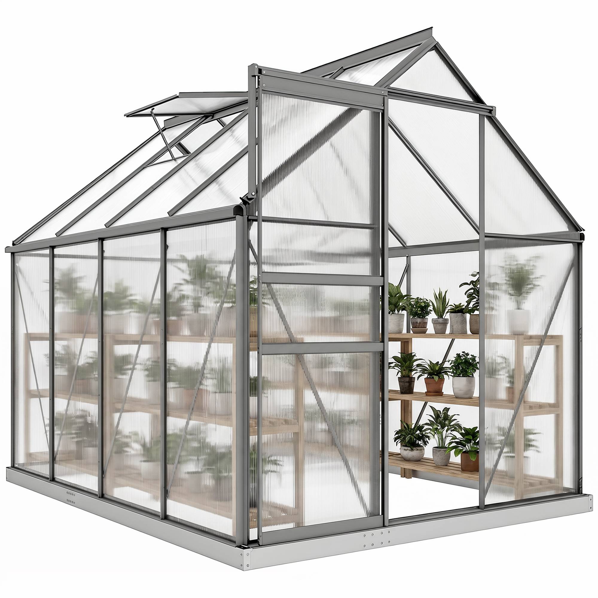 Serre de Jardin Polycarbonate 4,8 m² 1,9 x 2,53 x 1,99 m, Fondation, Lucarne et Porte Coulissante - Image 1