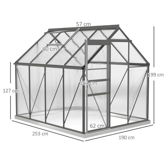 Serre de Jardin Polycarbonate 4,8 m² 1,9 x 2,53 x 1,99 m, Fondation, Lucarne et Porte Coulissante - Image 5