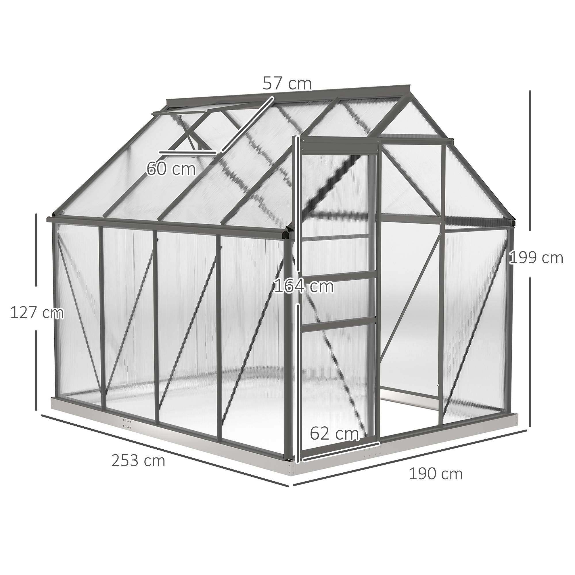 Serre de Jardin Polycarbonate 4,8 m² 1,9 x 2,53 x 1,99 m, Fondation, Lucarne et Porte Coulissante - Image 5