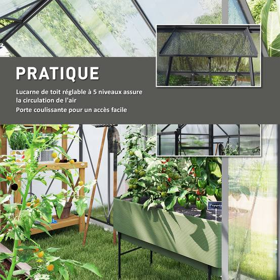 Serre de Jardin Polycarbonate 4,8 m² 1,9 x 2,53 x 1,99 m, Fondation, Lucarne et Porte Coulissante - Image 7