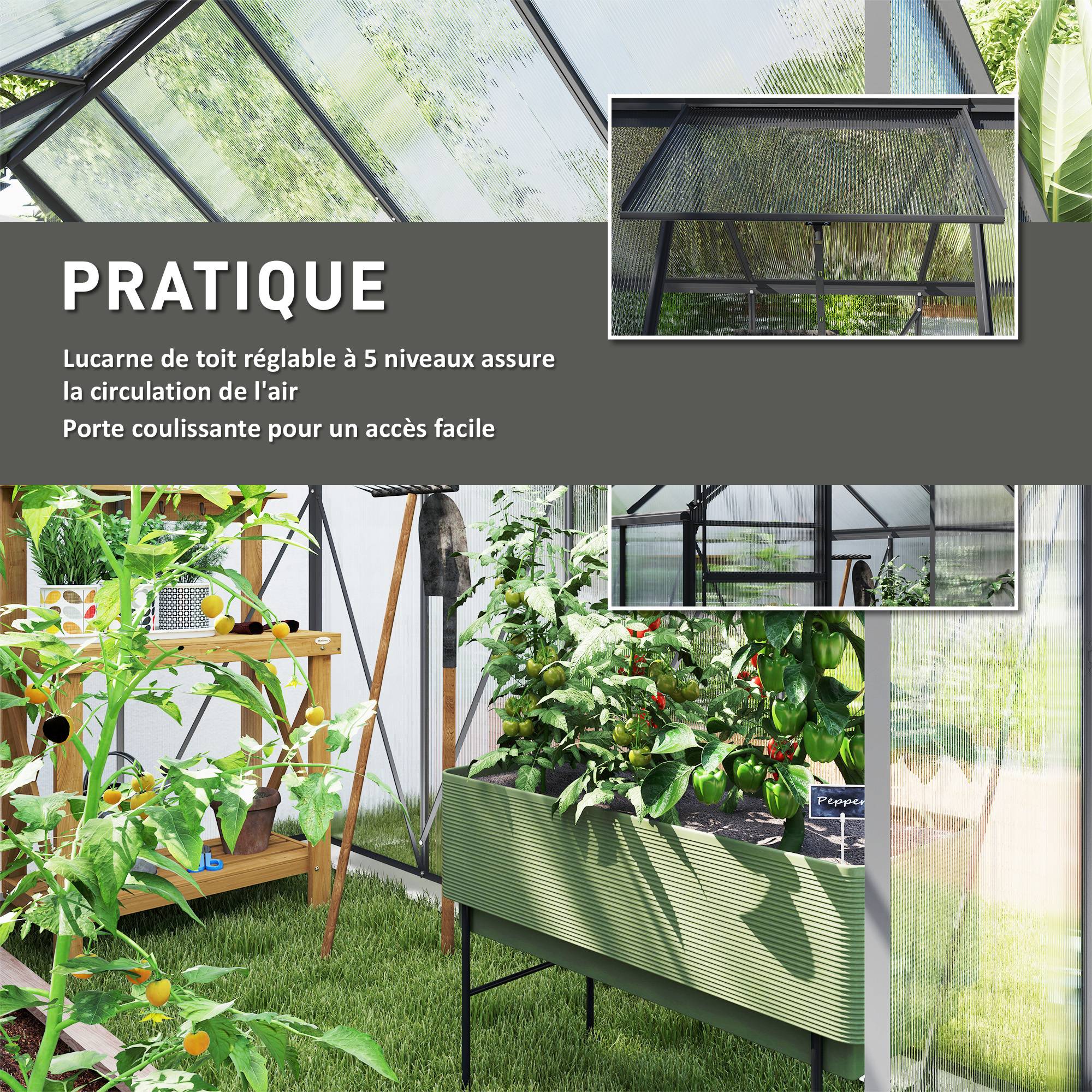 Serre de Jardin Polycarbonate 4,8 m² 1,9 x 2,53 x 1,99 m, Fondation, Lucarne et Porte Coulissante - Image 7