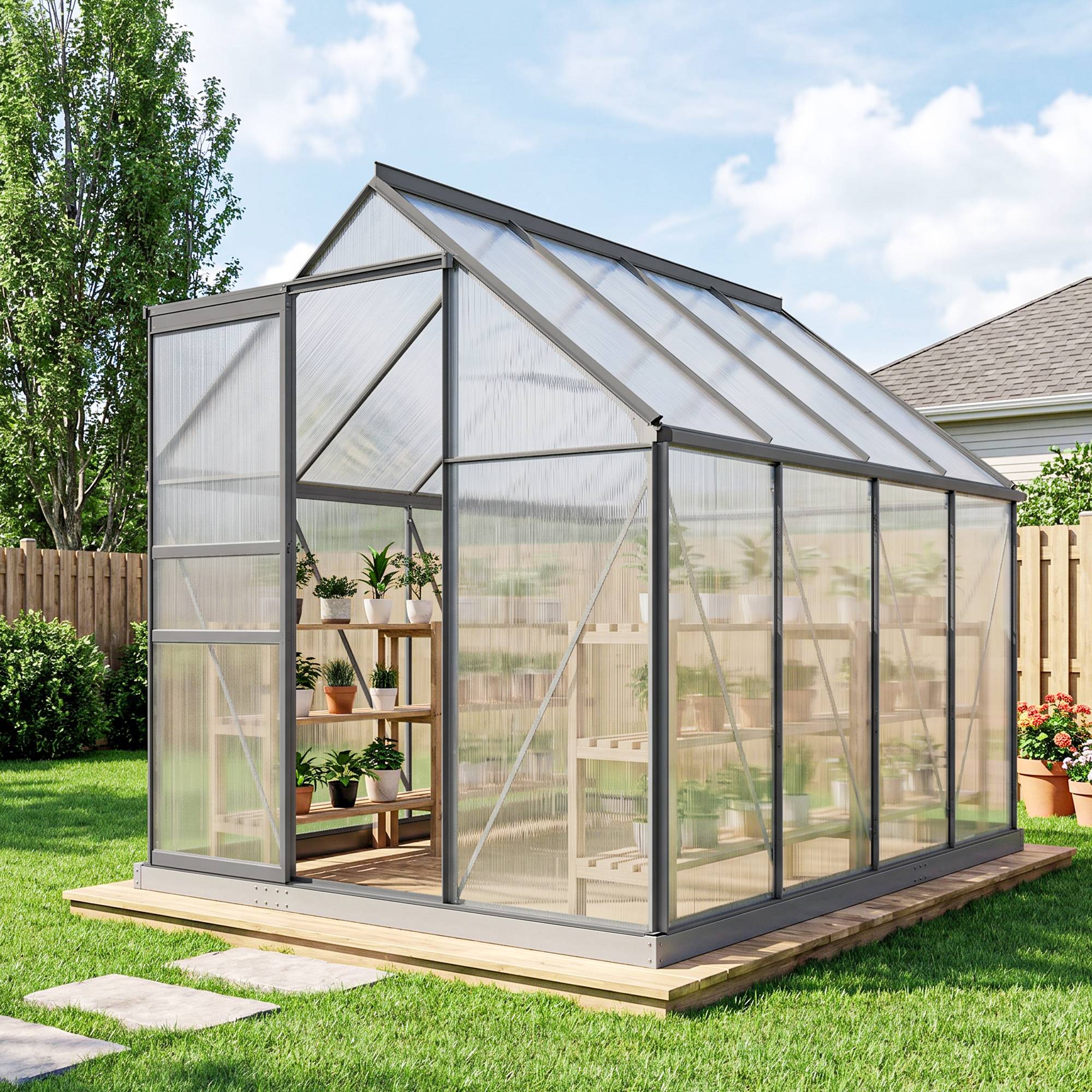 Serre de Jardin Polycarbonate 4,8 m² 1,9 x 2,53 x 1,99 m, Fondation, Lucarne et Porte Coulissante - Image 3