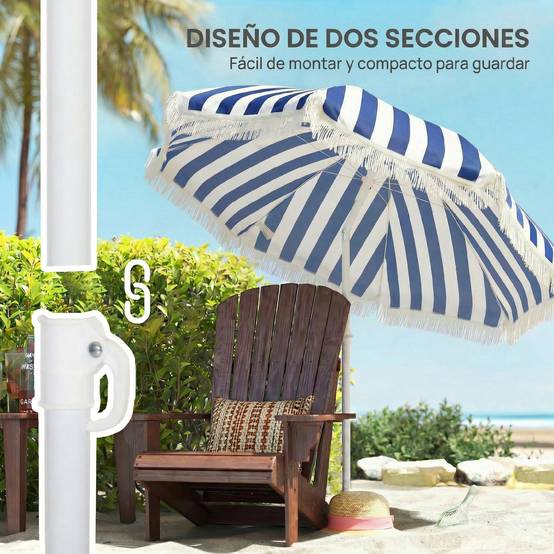 Parasol de plage à franges Ø180 cm, parasol de terrasse extérieur, hauteur réglable et inclinaison à 30°, bleu et blanc - Image 9