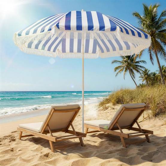 Parasol de plage à franges Ø180 cm, parasol de terrasse extérieur, hauteur réglable et inclinaison à 30°, bleu et blanc - Image 4