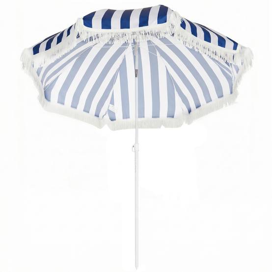 Parasol de plage à franges Ø180 cm, parasol de terrasse extérieur, hauteur réglable et inclinaison à 30°, bleu et blanc - Image 2