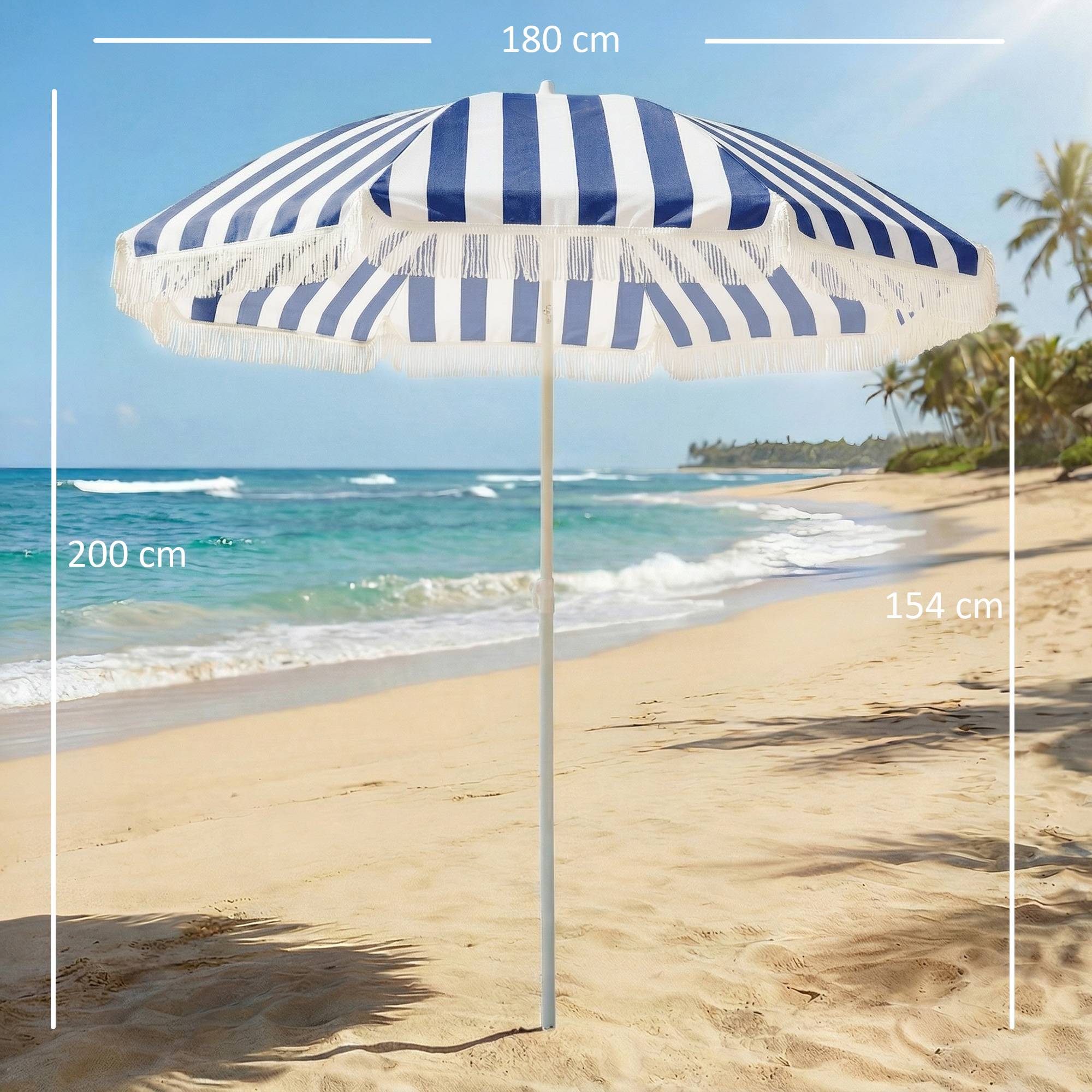Parasol de plage à franges Ø180 cm, parasol de terrasse extérieur, hauteur réglable et inclinaison à 30°, bleu et blanc - Image 5