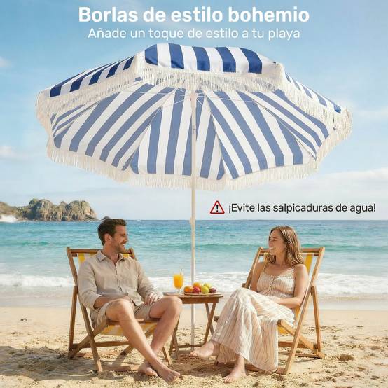 Parasol de plage à franges Ø180 cm, parasol de terrasse extérieur, hauteur réglable et inclinaison à 30°, bleu et blanc - Image 6