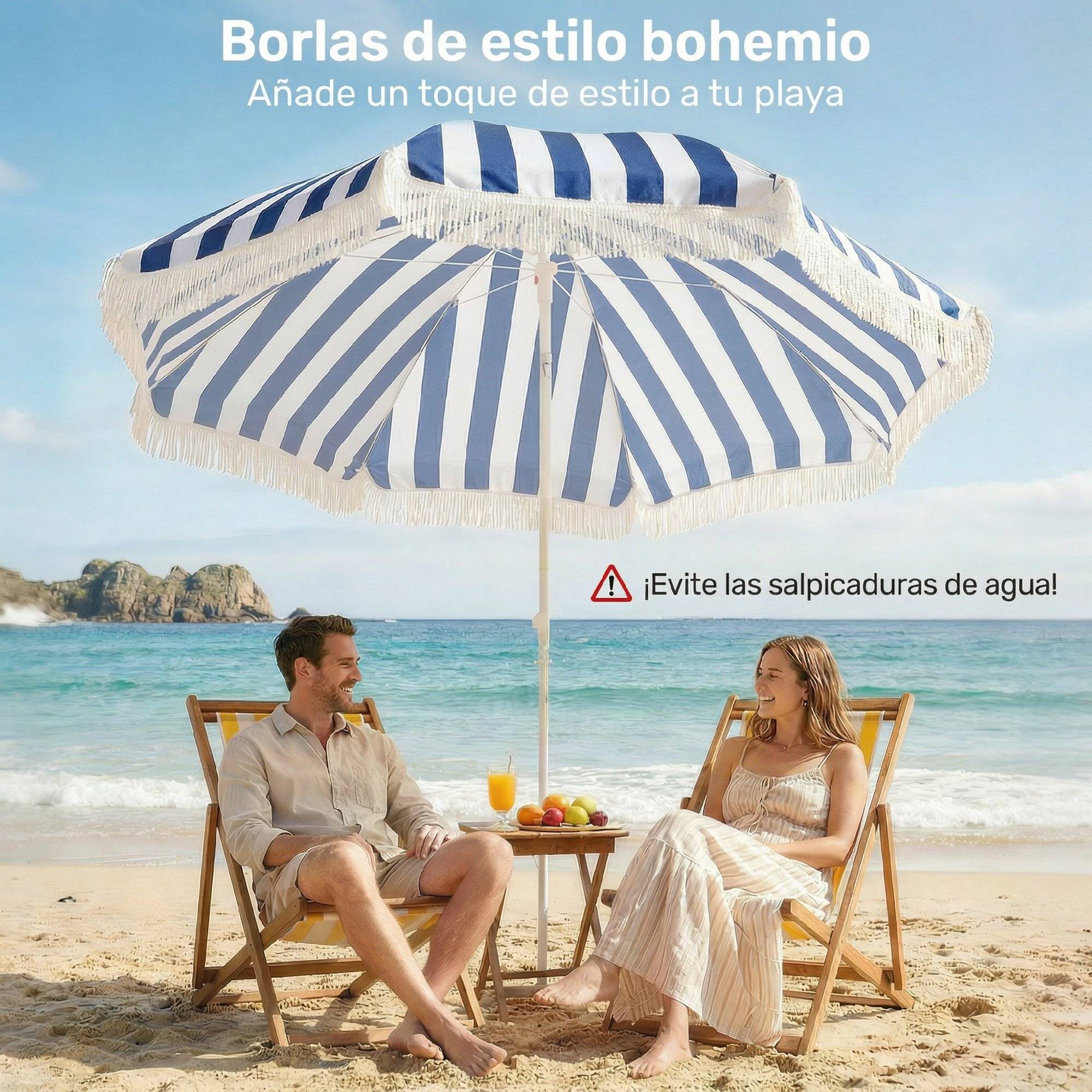 Parasol de plage à franges Ø180 cm, parasol de terrasse extérieur, hauteur réglable et inclinaison à 30°, bleu et blanc - Image 6