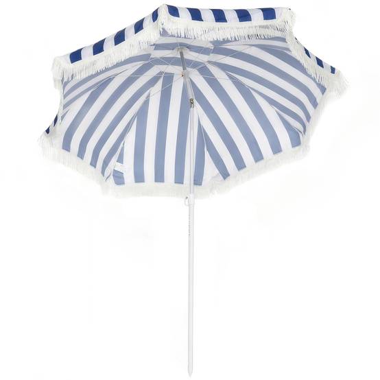 Parasol de plage à franges Ø180 cm, parasol de terrasse extérieur, hauteur réglable et inclinaison à 30°, bleu et blanc - Image 1