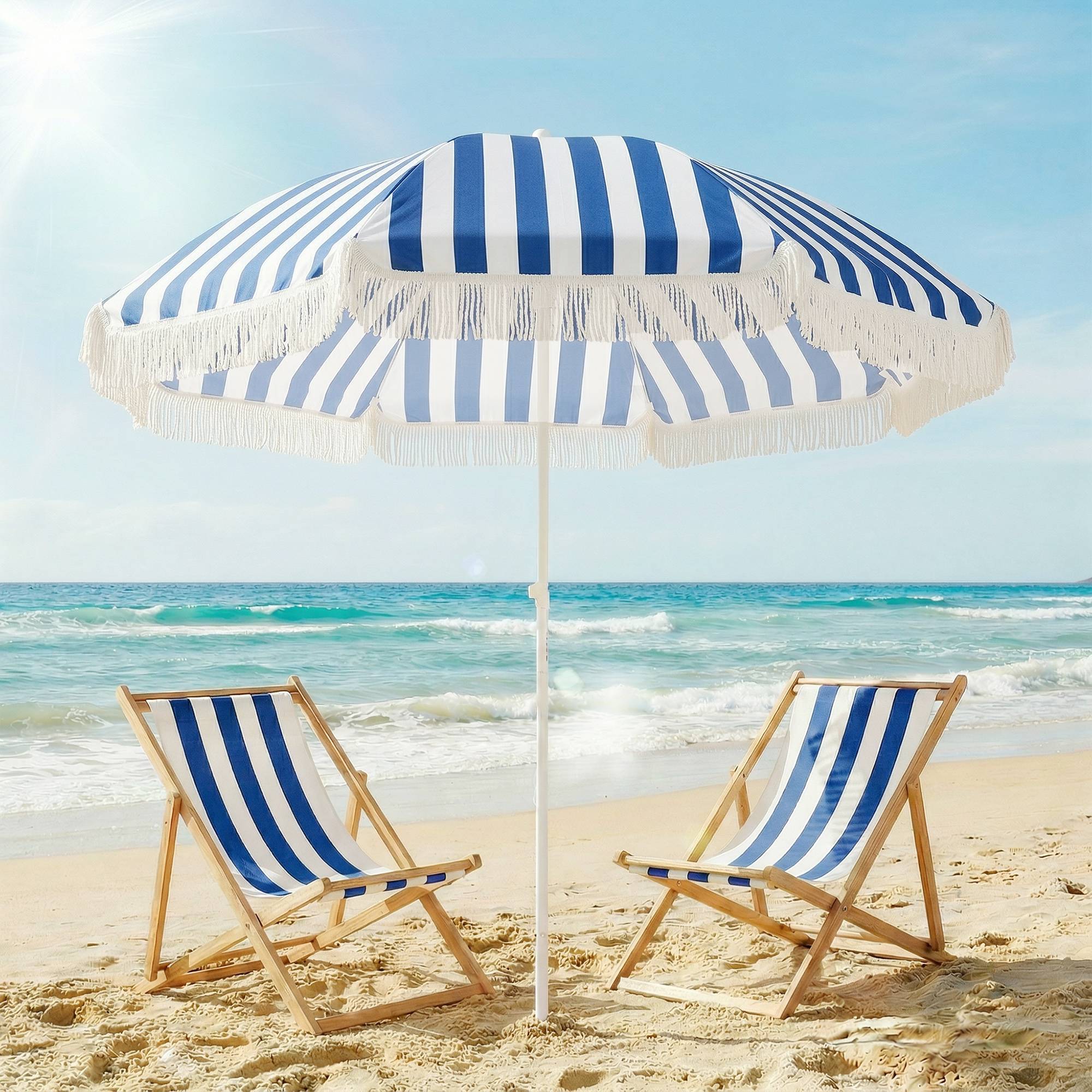 Parasol de plage à franges Ø180 cm, parasol de terrasse extérieur, hauteur réglable et inclinaison à 30°, bleu et blanc - Image 3