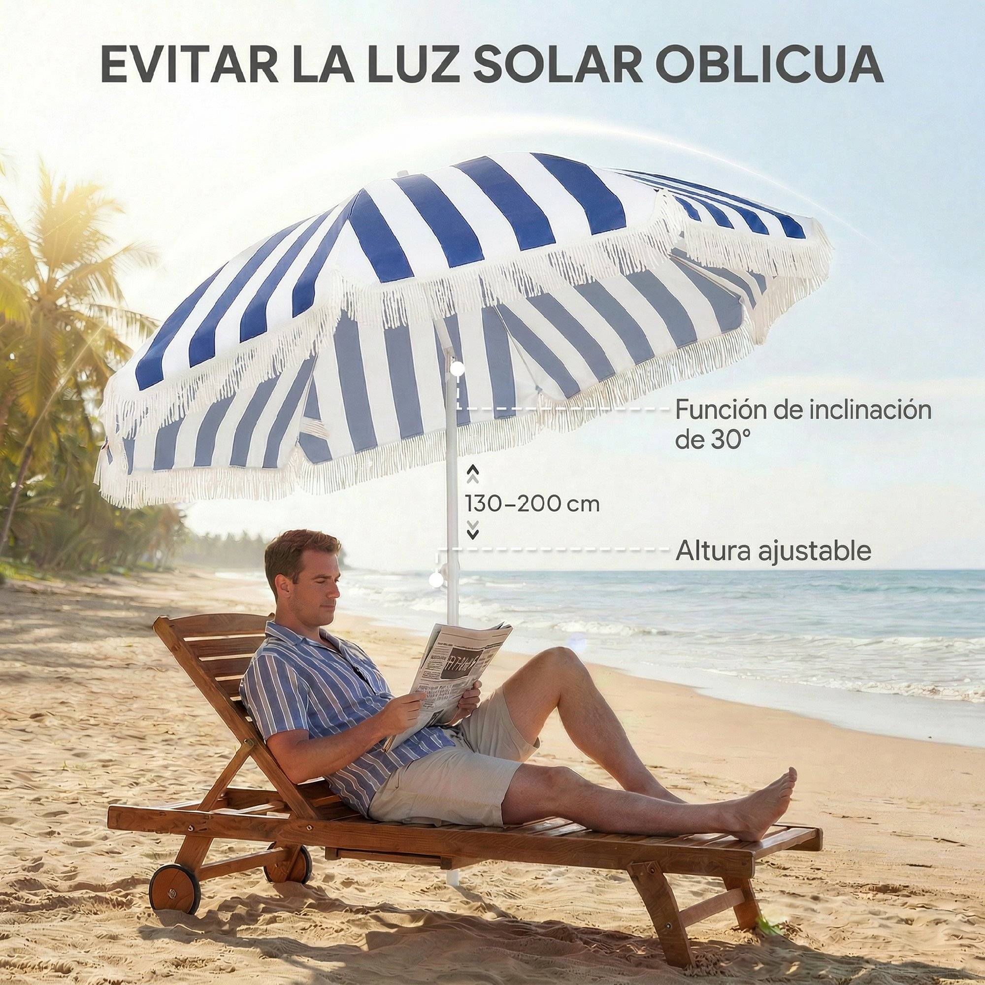 Parasol de plage à franges Ø180 cm, parasol de terrasse extérieur, hauteur réglable et inclinaison à 30°, bleu et blanc - Image 7