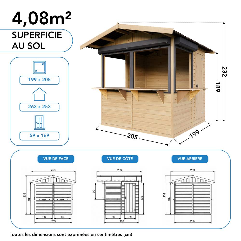 Timbela - Kiosque en bois - 4 m² - 263x253xH232 cm - Stand de vente en bois - avec 4 volets roulants verrouillables - 17 mm d’épaisseur - Timbela M149BZ - Image 9