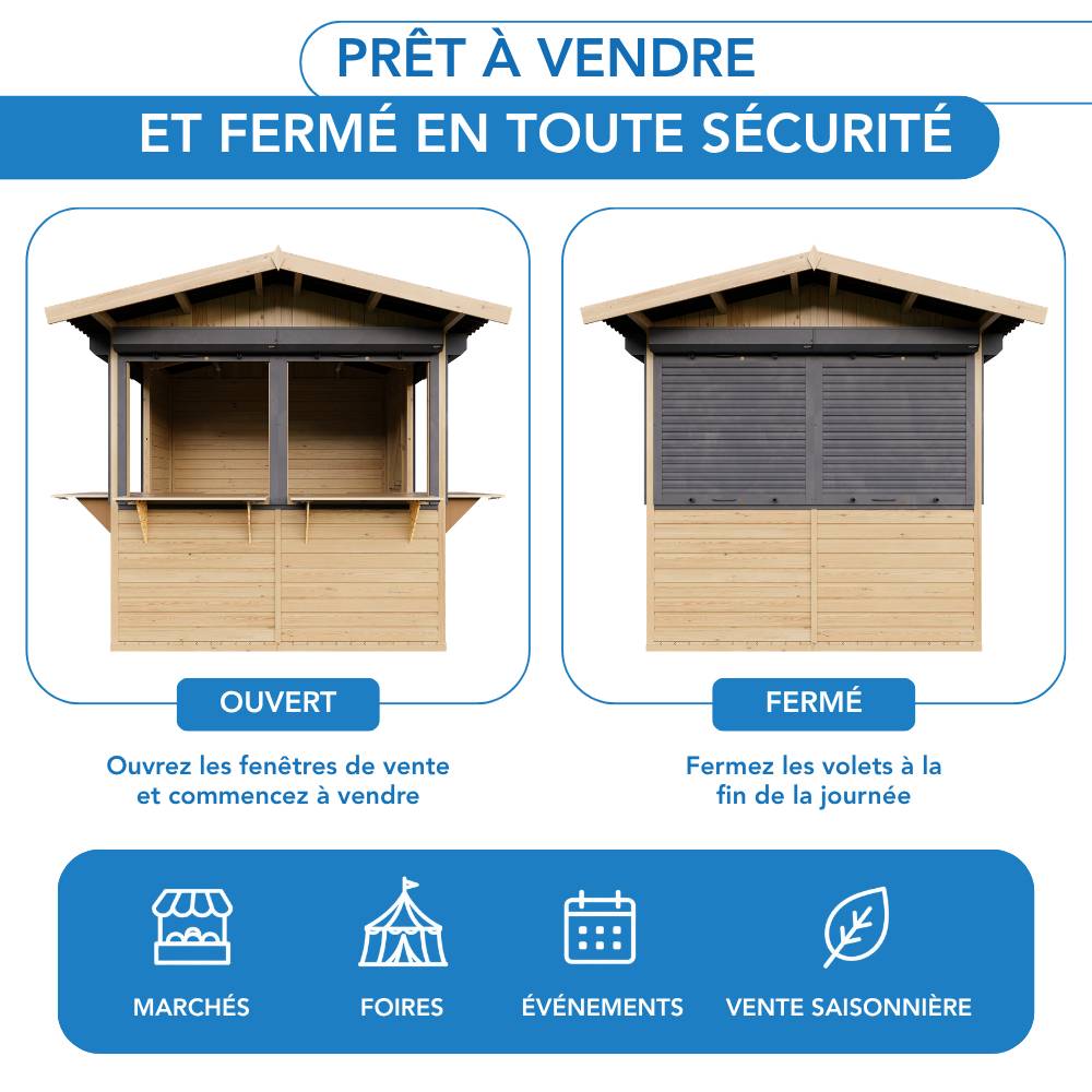 Timbela - Kiosque en bois - 4 m² - 263x253xH232 cm - Stand de vente en bois - avec 4 volets roulants verrouillables - 17 mm d’épaisseur - Timbela M149BZ - Image 10