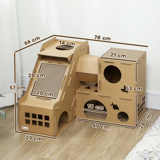 Château pour Chat en Carton Recyclé Tour de Jeu 2 Niveaux avec Griffoirs Rampe et Tunnel Marron - ComfortXL Outdoor Living - Image 5