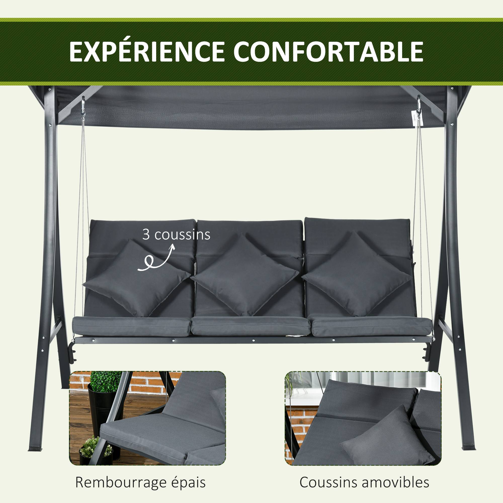 Outsunny - Balancelle de jardin 3 places grand confort toit inclinaison réglable épais coussins polyester acier époxy gris - Outsunny - Image 4