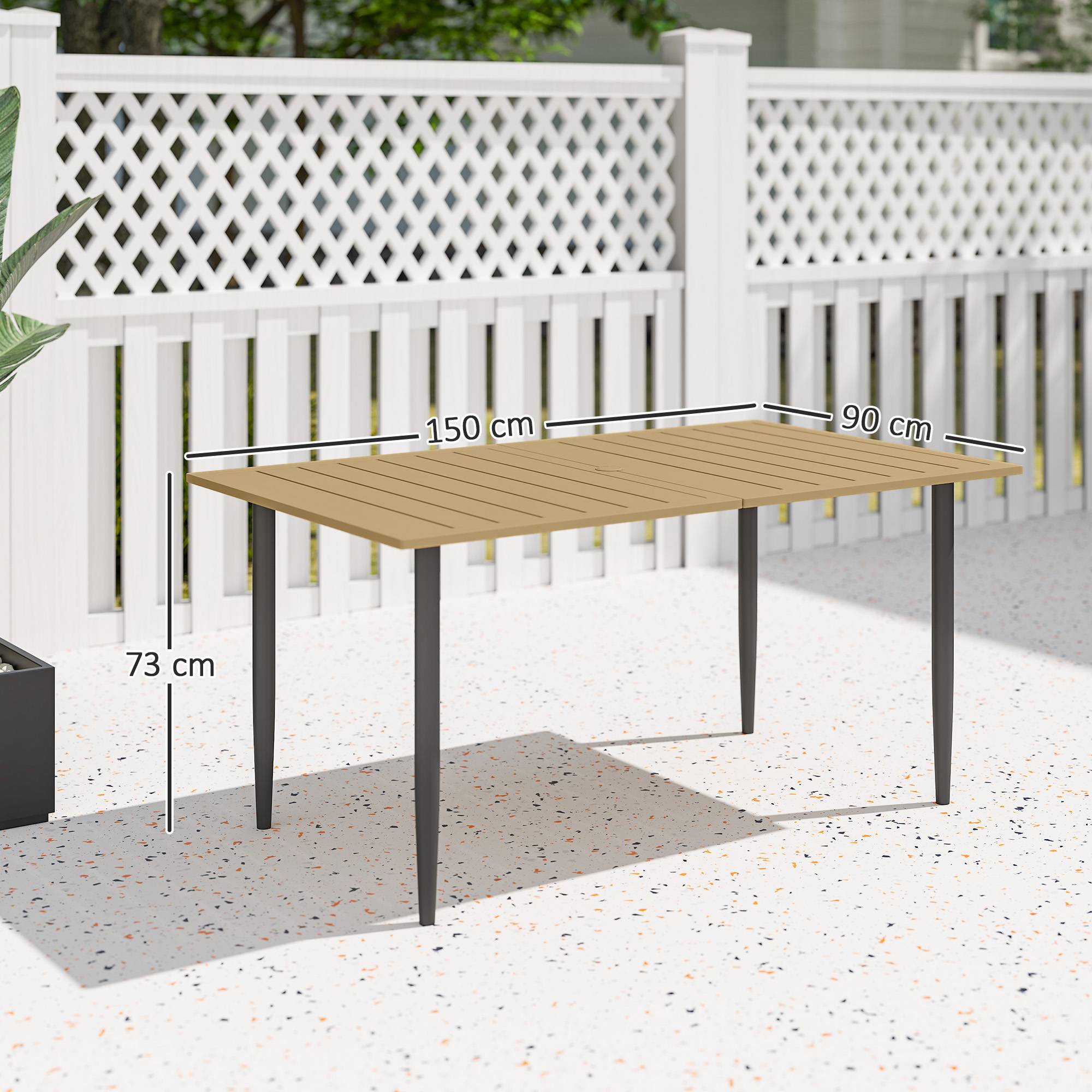 Table de jardin 150 x 90 cm, table de balcon résistante aux intempéries en acier, avec trou pour parasol, marron - Image 5