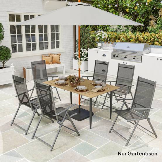 Table de jardin 150 x 90 cm, table de balcon résistante aux intempéries en acier, avec trou pour parasol, marron - Image 3