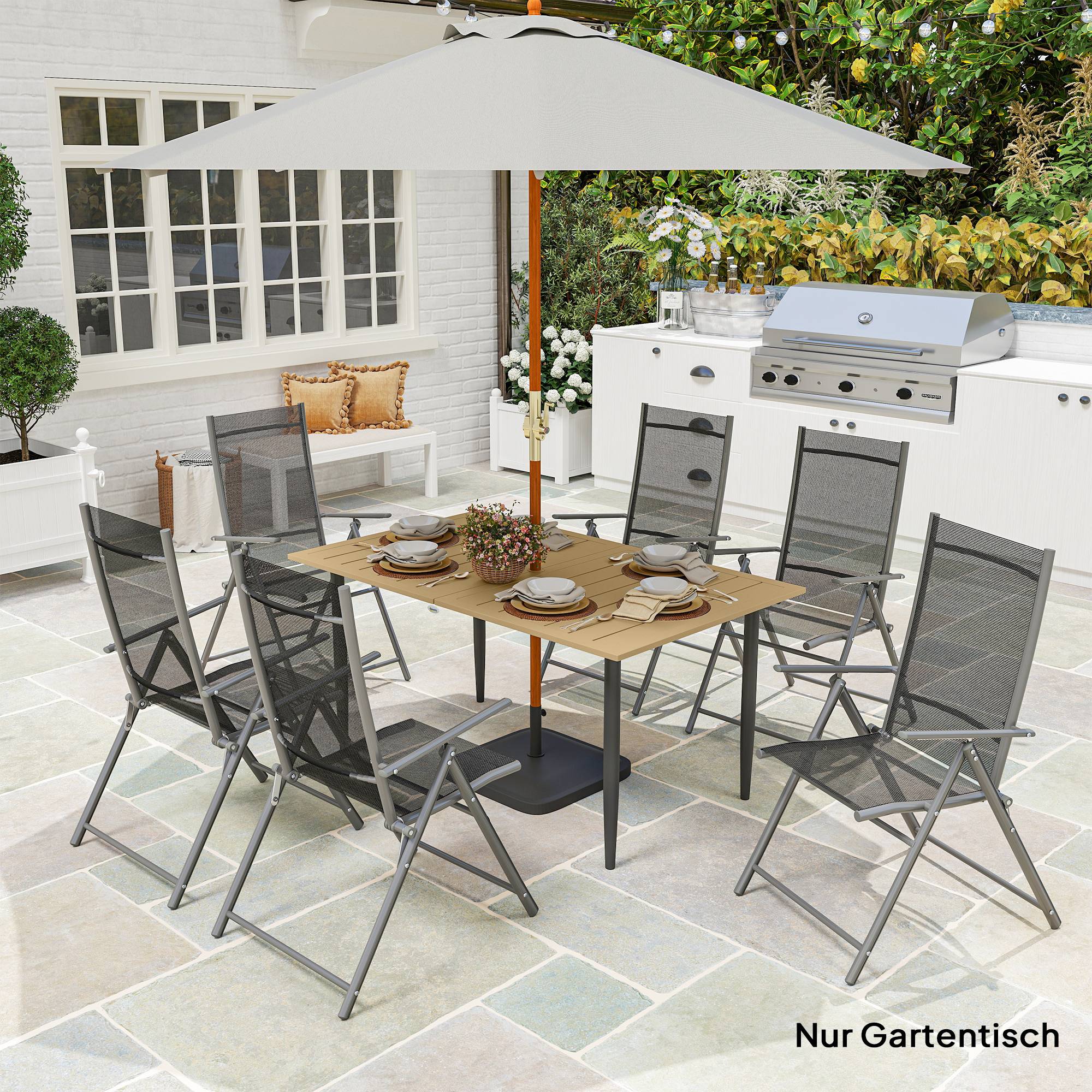 Table de jardin 150 x 90 cm, table de balcon résistante aux intempéries en acier, avec trou pour parasol, marron - Image 3