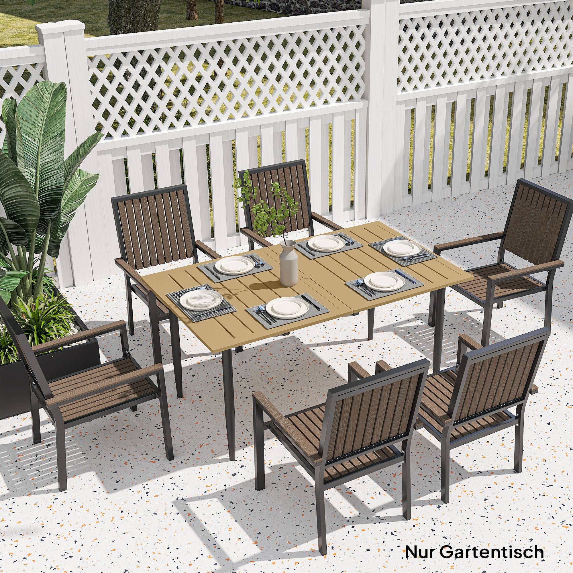 Table de jardin 150 x 90 cm, table de balcon résistante aux intempéries en acier, avec trou pour parasol, marron - Image 4