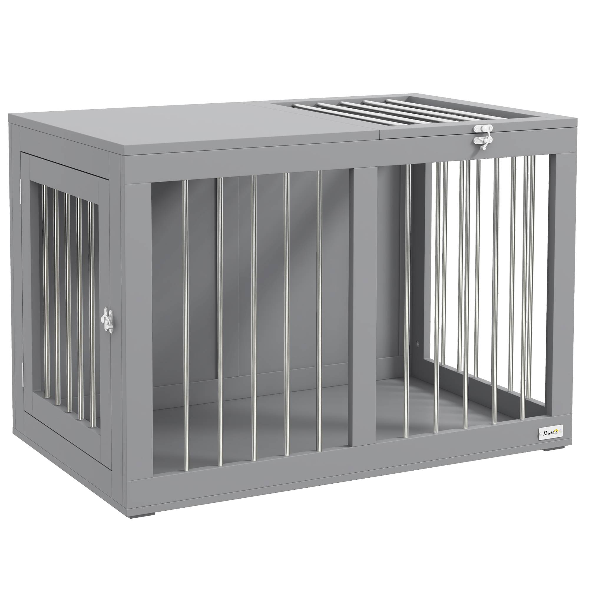 Cage Chien Intérieur Meuble Solide MDF Acier 2 Portes 80cm Gris - ComfortXL Pet Living - Image 2
