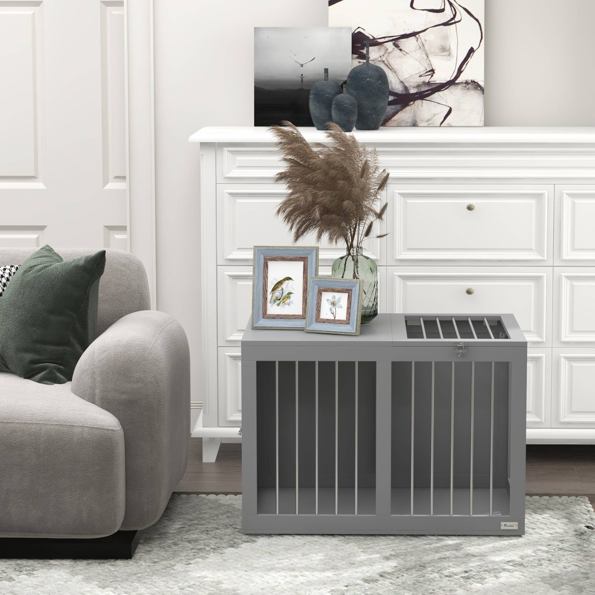 Cage Chien Intérieur Meuble Solide MDF Acier 2 Portes 80cm Gris - ComfortXL Pet Living - Image 7