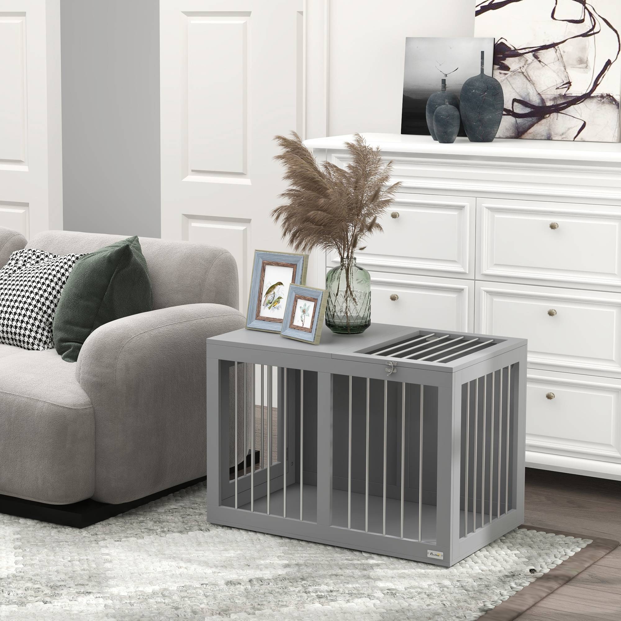 Cage Chien Intérieur Meuble Solide MDF Acier 2 Portes 80cm Gris - ComfortXL Pet Living - Image 1