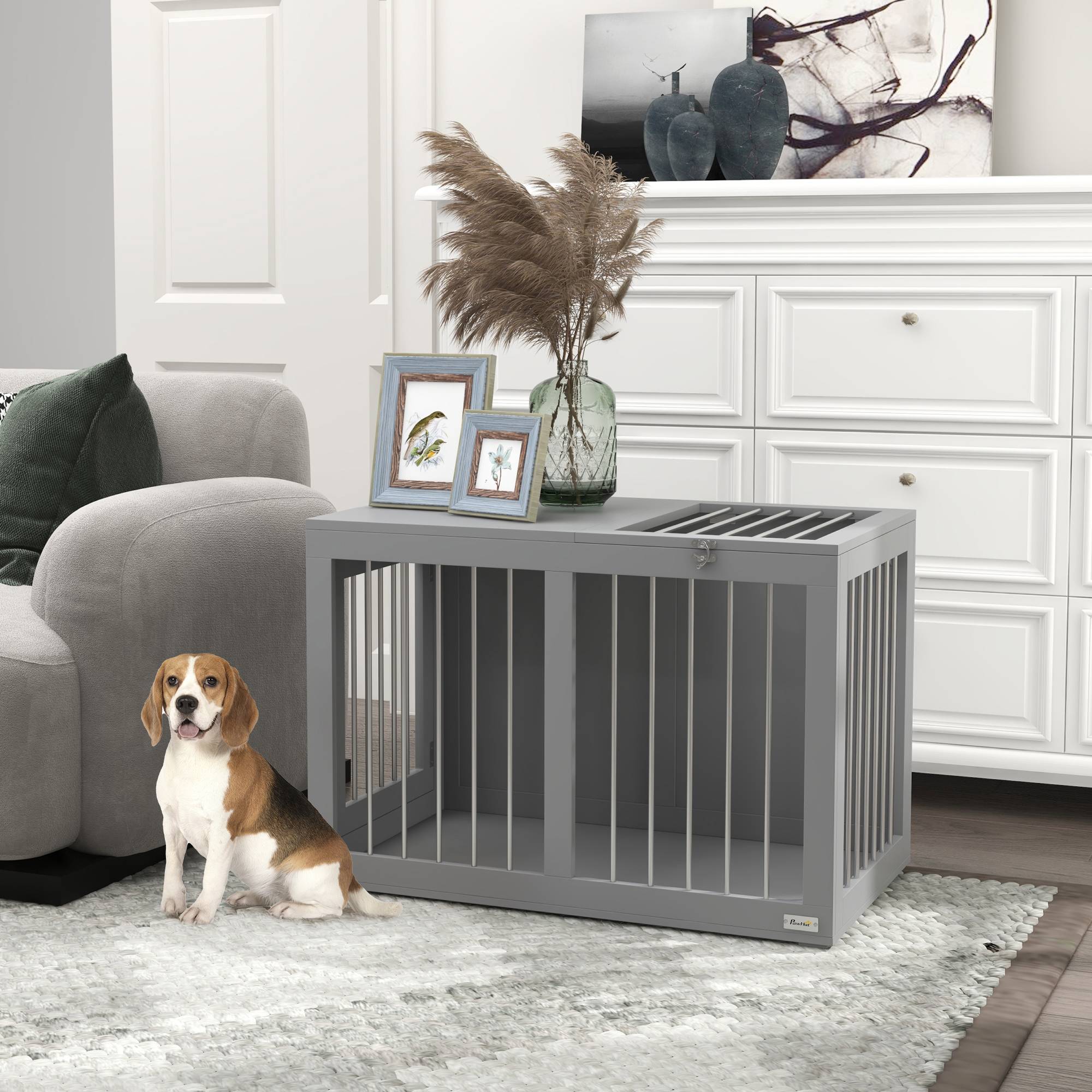 Cage Chien Intérieur Meuble Solide MDF Acier 2 Portes 80cm Gris - ComfortXL Pet Living - Image 8