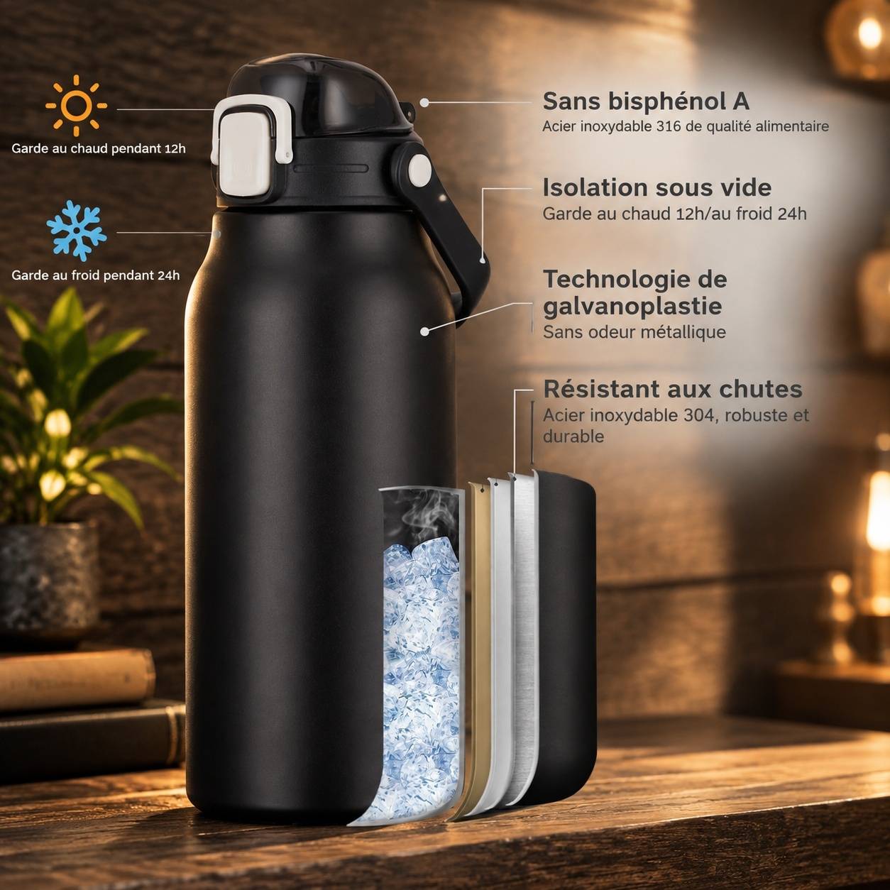 Bouteille Isotherme Acier Inox 316 Sans Odeur Métallique Étanche Isolation 24h Froid 12h Chaud - Image 2