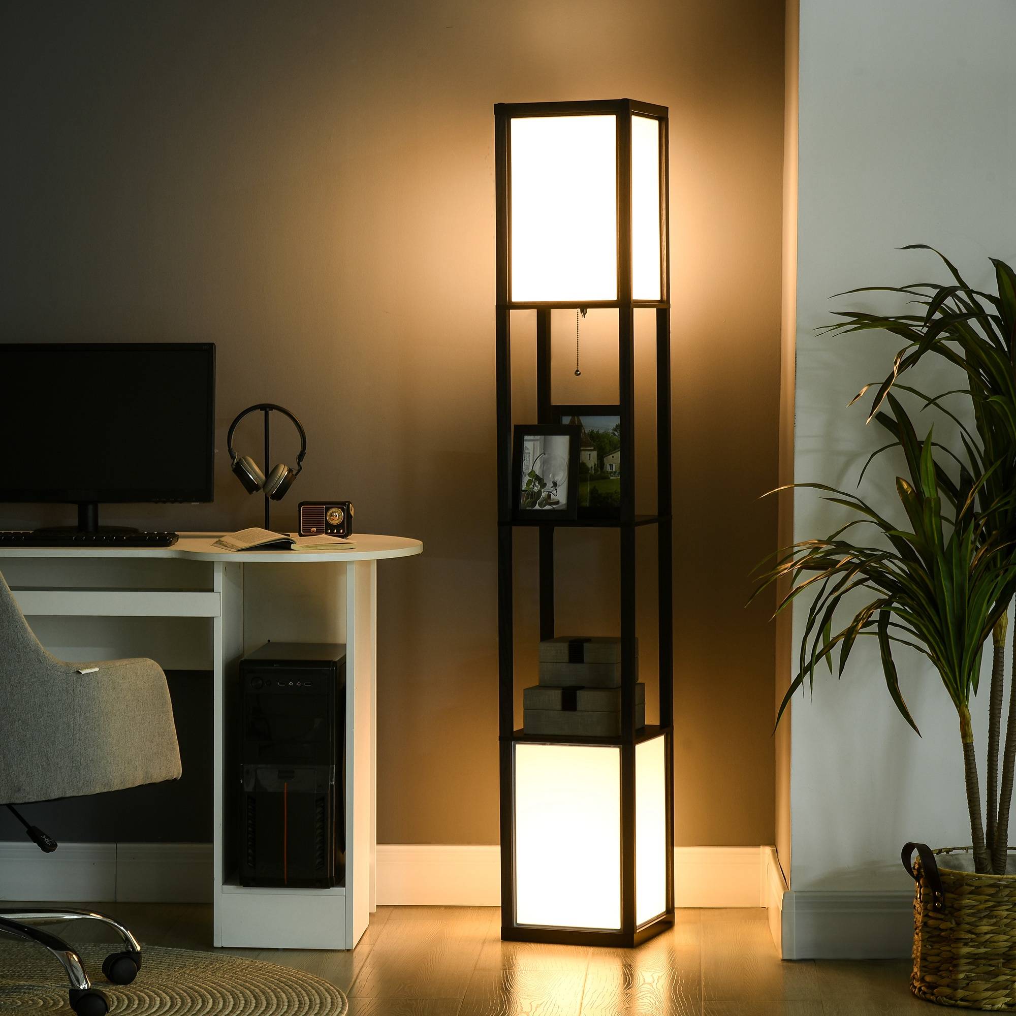 Lampadaire bois noir et blanc étagère douille E27 40W max 26 × 26 × 156 cm espace intérieur - Image 4