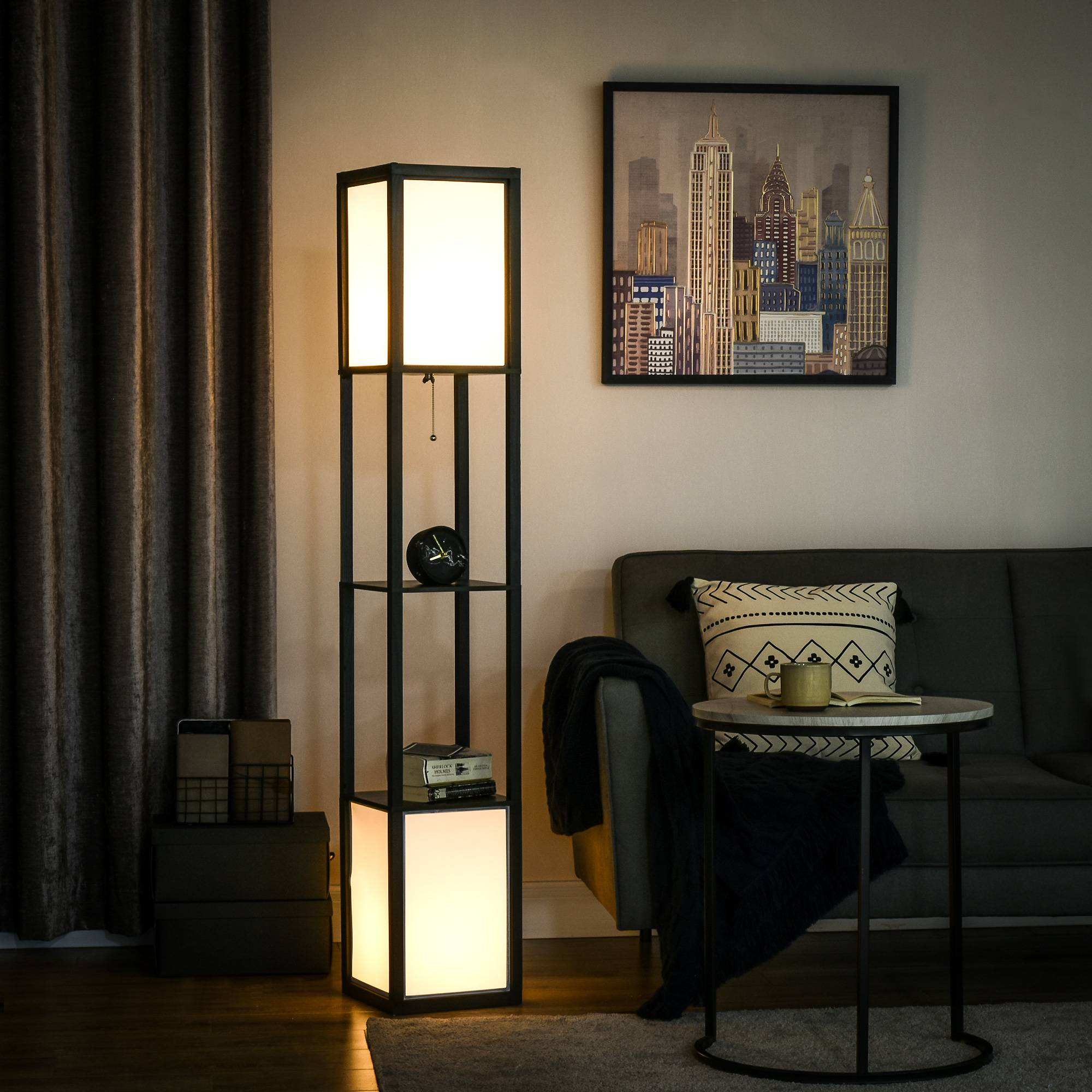 Lampadaire bois noir et blanc étagère douille E27 40W max 26 × 26 × 156 cm espace intérieur - Image 3