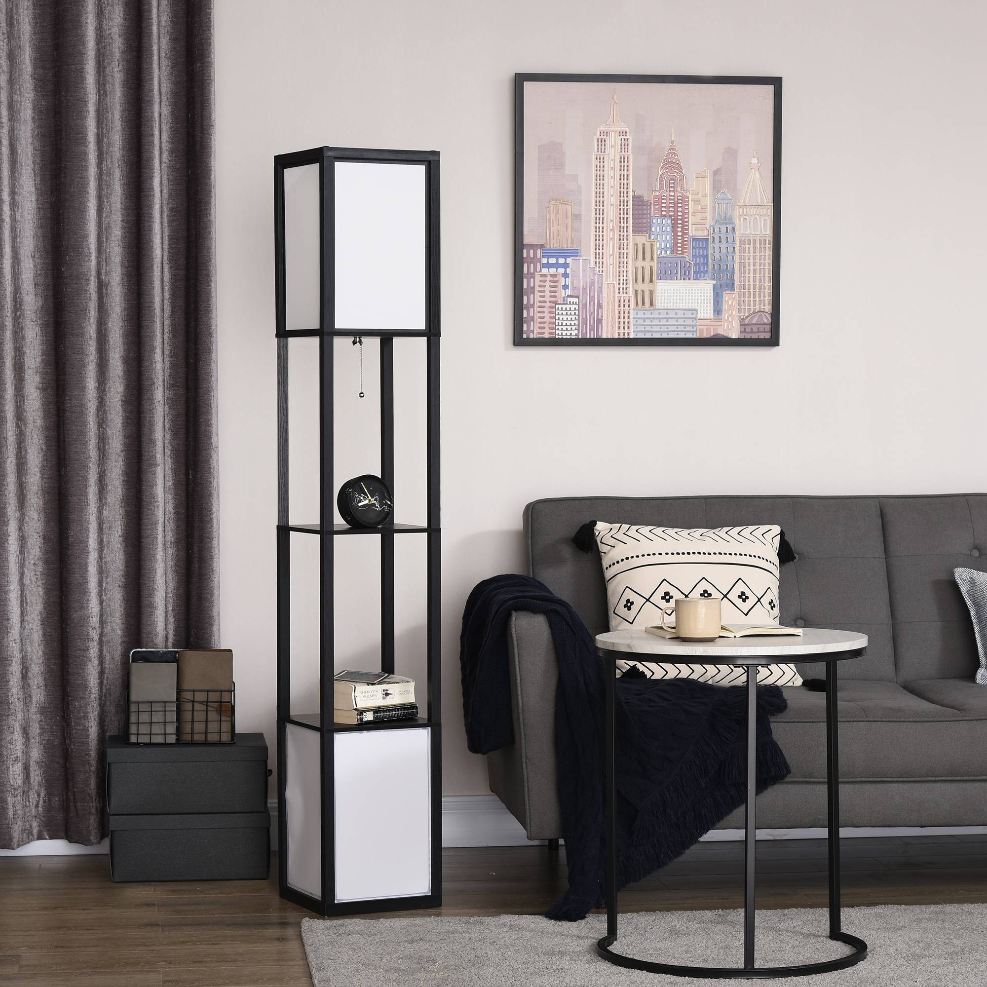 Lampadaire bois noir et blanc étagère douille E27 40W max 26 × 26 × 156 cm espace intérieur - Image 9