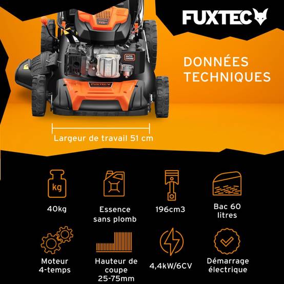 FUXTEC - Tondeuse à gazon thermique autotractée 196 cm³, largeur de coupe 51 cm, bac 60 L, démarrage électrique FX-RM5196ES - Fuxtec - Image 2