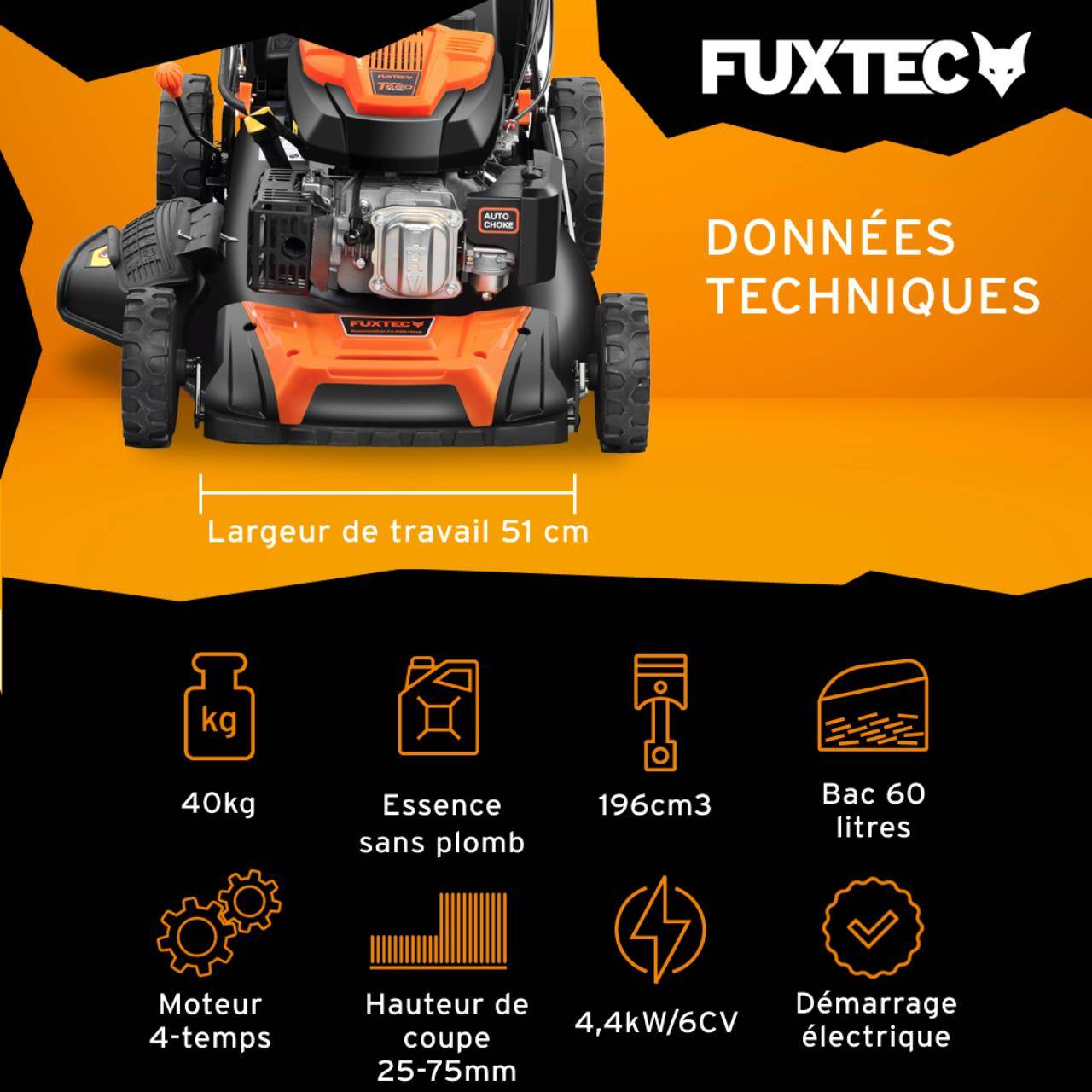 FUXTEC - Tondeuse à gazon thermique autotractée 196 cm³, largeur de coupe 51 cm, bac 60 L, démarrage électrique FX-RM5196ES - Fuxtec - Image 2
