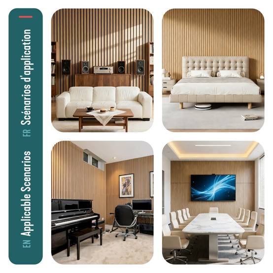 Lot de 4 panneaux acoustiques muraux Tasseaux en bois MDF avec feutre noir 120x60x2.1cm chene clair - Image 7