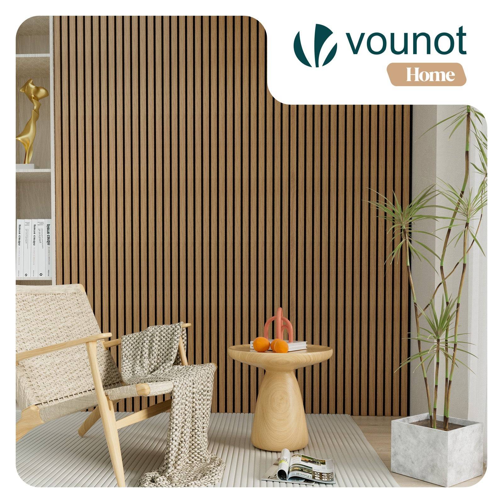 Vounot - Lot de 4 panneaux acoustiques muraux Tasseaux en bois MDF avec feutre noir 120x60x2.1cm chêne clair - Image 2