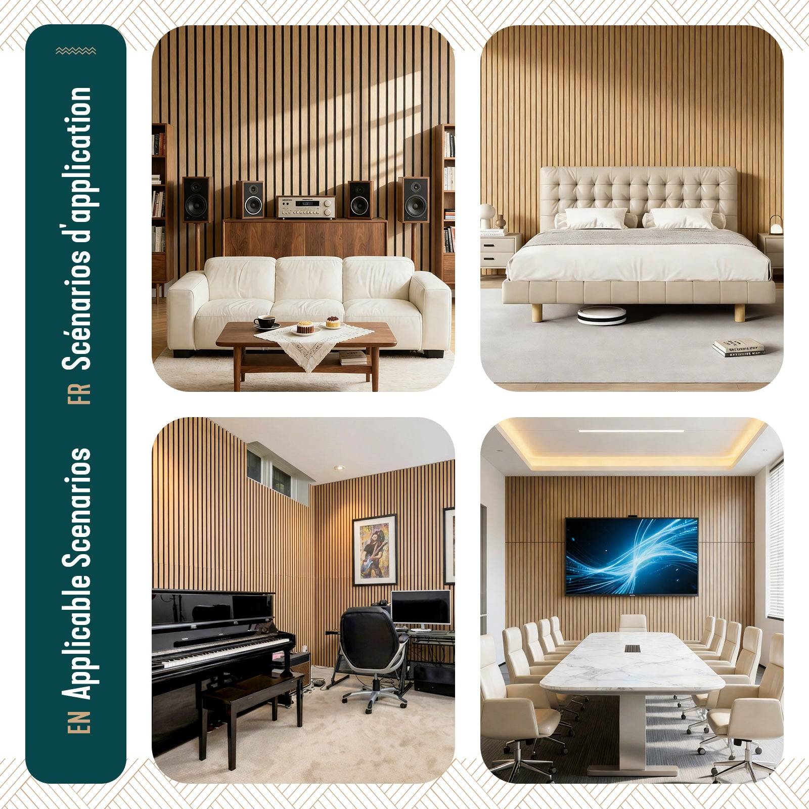 Vounot - Lot de 4 panneaux acoustiques muraux Tasseaux en bois MDF avec feutre noir 120x60x2.1cm chêne clair - Image 7
