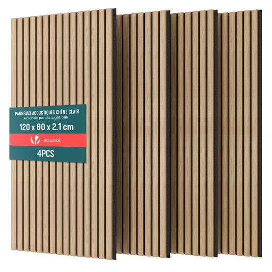 Lot de 4 panneaux acoustiques muraux Tasseaux en bois MDF avec feutre noir 120x60x2.1cm chene clair - Image 1