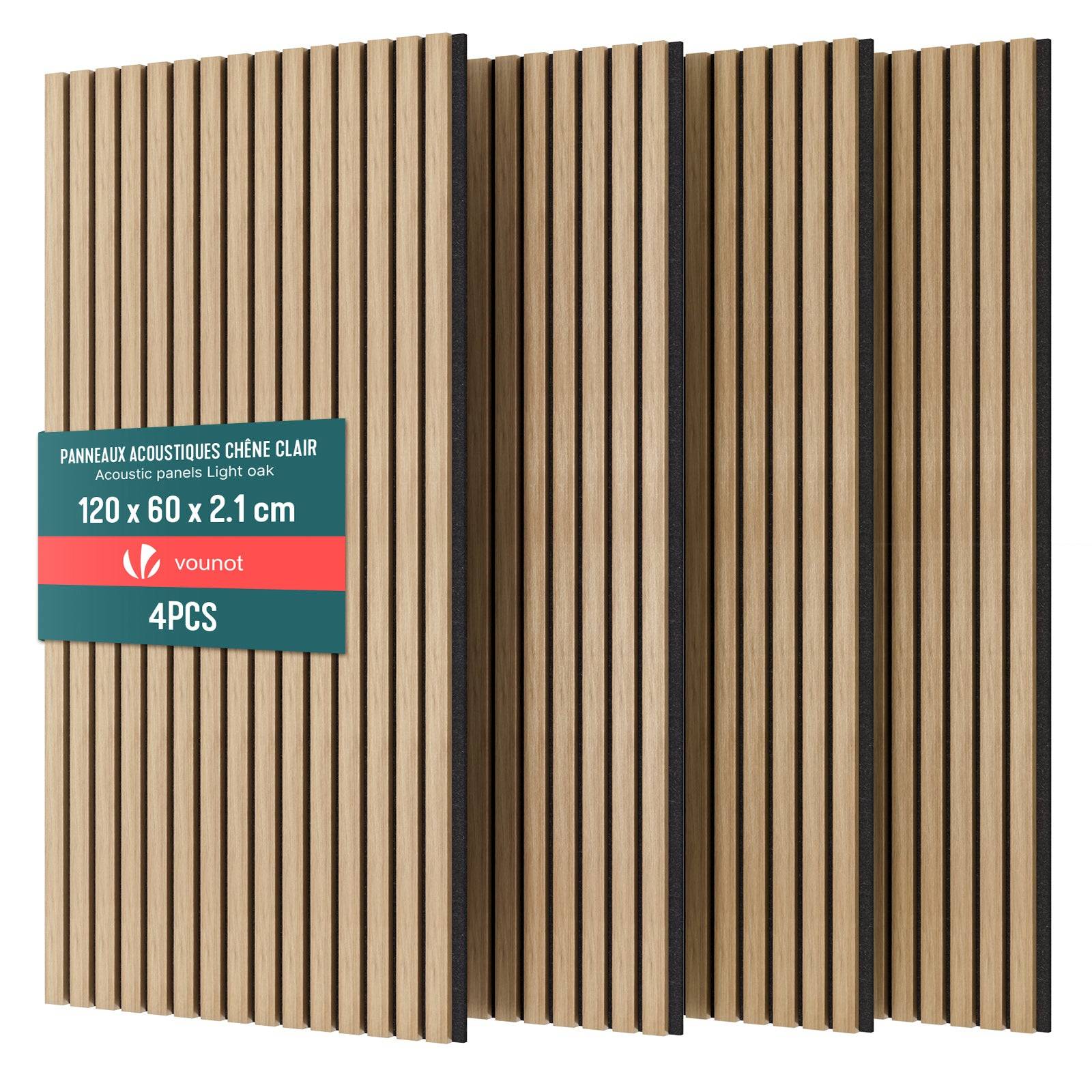 Lot de 4 panneaux acoustiques muraux Tasseaux en bois MDF avec feutre noir 120x60x2.1cm chene clair - Image 1